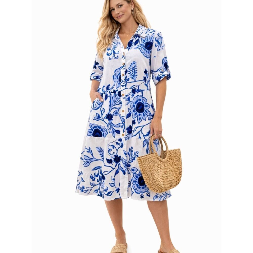 Mlle Gabrielle Blue & White Floral Cotton Tiered Boho Chic Dress NWOT